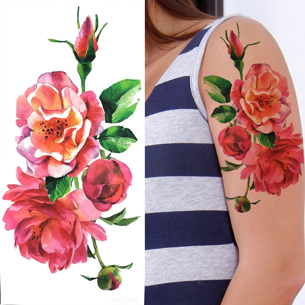 Purple Rose Flower Temporary Tattoos For Women Girl Fake Peony Orchid Carnations Tattoo Sticker 3D Blossom Tatoos Watercolour