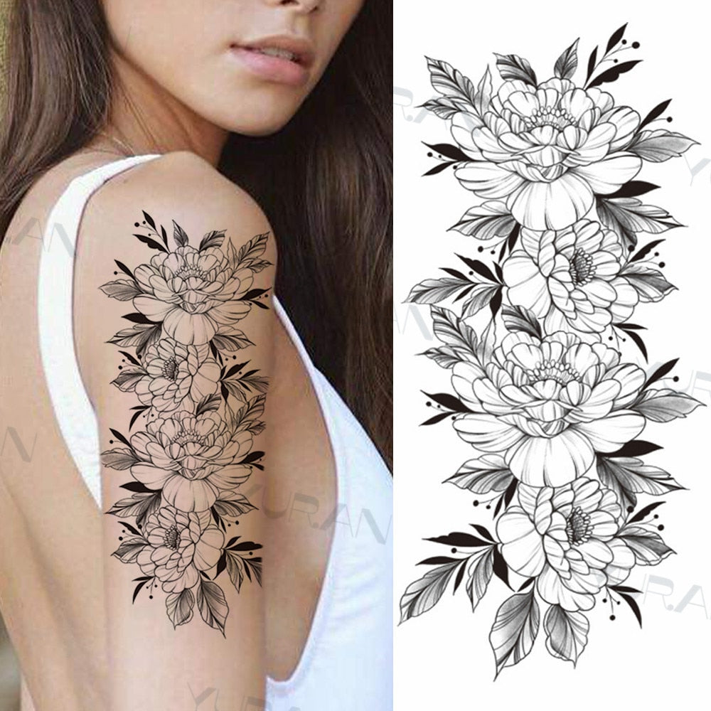 Sexy Black Flower Butterfly Temporary Tattoos For Women Thigh Men Fake Moon Rose Compass Fake Tatoos Forearm Tattoo Stickers