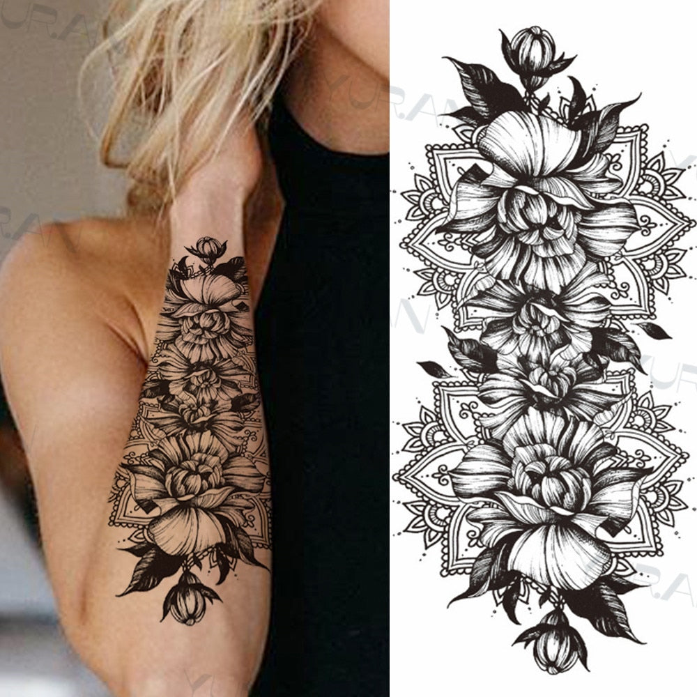 Sexy Black Flower Butterfly Temporary Tattoos For Women Thigh Men Fake Moon Rose Compass Fake Tatoos Forearm Tattoo Stickers