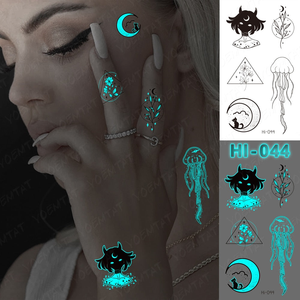 Blue Luminous Glow Tattoo Sticker Cute Geometry Waterproof Temporary Tatoo Small Finger Wrist Fake Tatto For Body Art Women Men