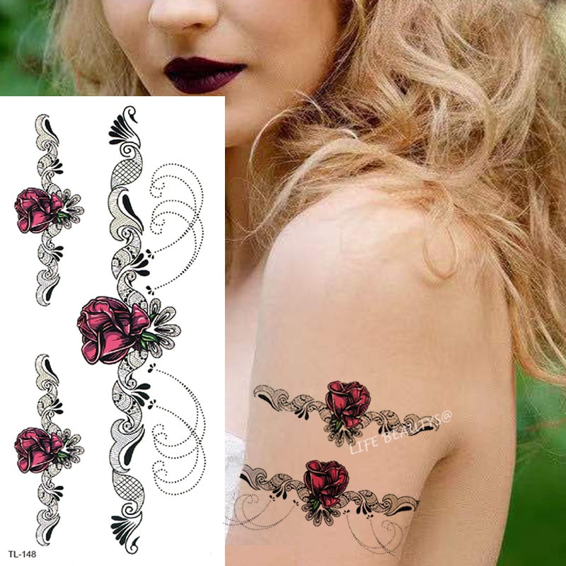 Beauty Flower Diamond Black Rose Waterproof Temporary Tattoo Body Art Arm Sleeve Water Transfer Fake Women Decoration Sticker