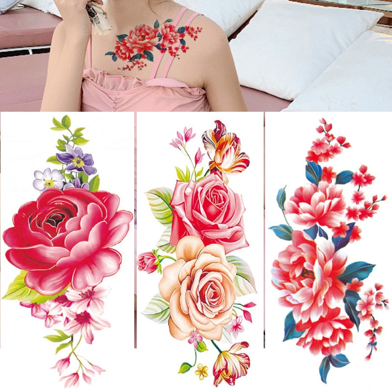 12Pcs Fake Temporary Tattoos Flower Girls Rose Peony Flash Waterproof Body Arm Art Shoulder DIY Women Sleeve Sticker