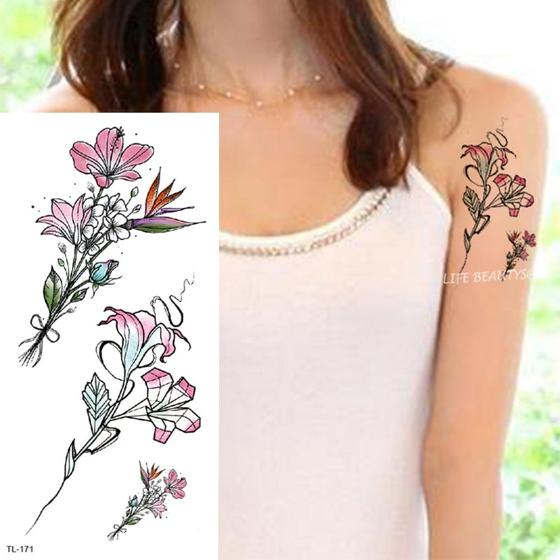 Beauty Flower Diamond Black Rose Waterproof Temporary Tattoo Body Art Arm Sleeve Water Transfer Fake Women Decoration Sticker