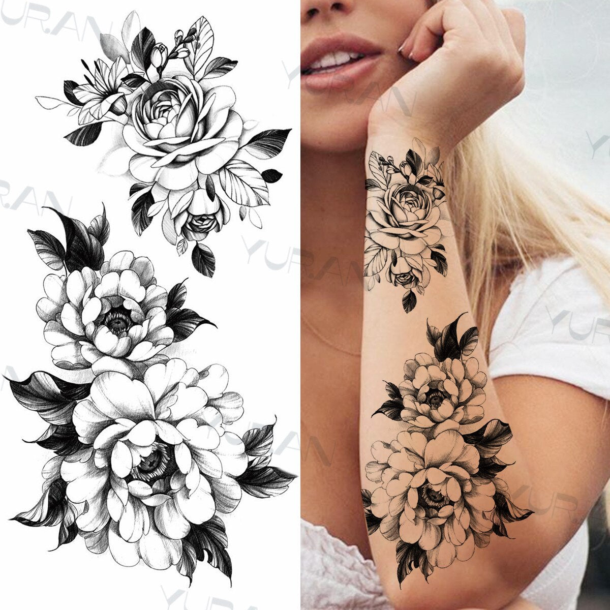 Sexy Black Flower Butterfly Temporary Tattoos For Women Thigh Men Fake Moon Rose Compass Fake Tatoos Forearm Tattoo Stickers