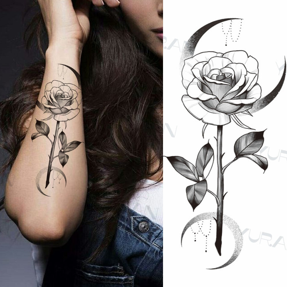 Sexy Black Flower Butterfly Temporary Tattoos For Women Thigh Men Fake Moon Rose Compass Fake Tatoos Forearm Tattoo Stickers