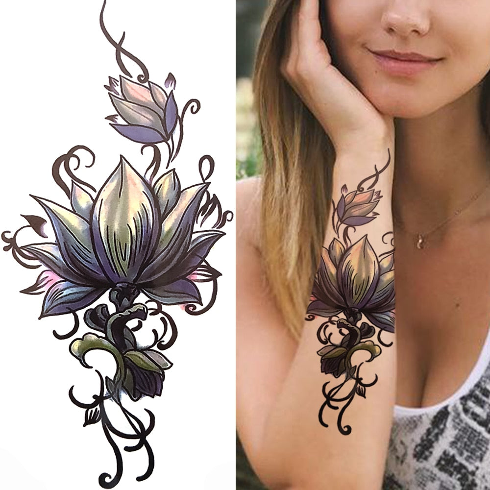 3D Black Flower Temporary Tattoos For Women Rose Peony Lotus Tattoo Sticker Fake Jewelry Chains Geometric Triangle Tatoo Decal