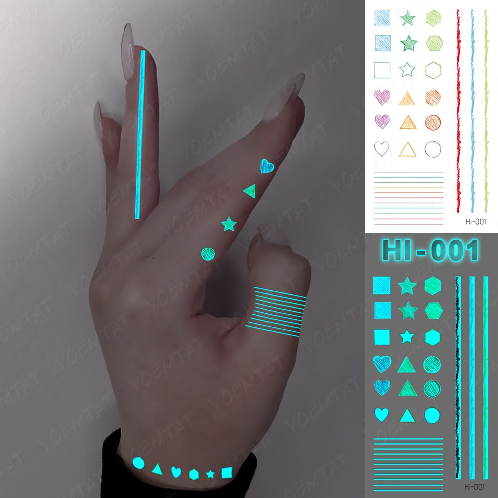 Blue Luminous Glow Tattoo Sticker Cute Geometry Waterproof Temporary Tatoo Small Finger Wrist Fake Tatto For Body Art Women Men