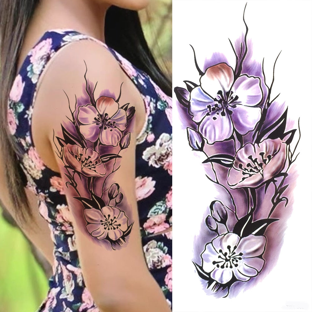 3D Lily Flower Temporary Tattoos For Women Adults Rose Lotus Anemone Tattoo Sticker Fake Half Sleeve Watercolor Arm Tatoos