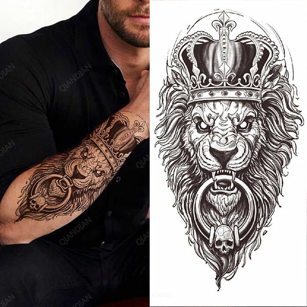 1pc Lion Men Waterproof Temporary Tattoos Fake Stickers Arm Hand Cool Art Black Transfer Clock