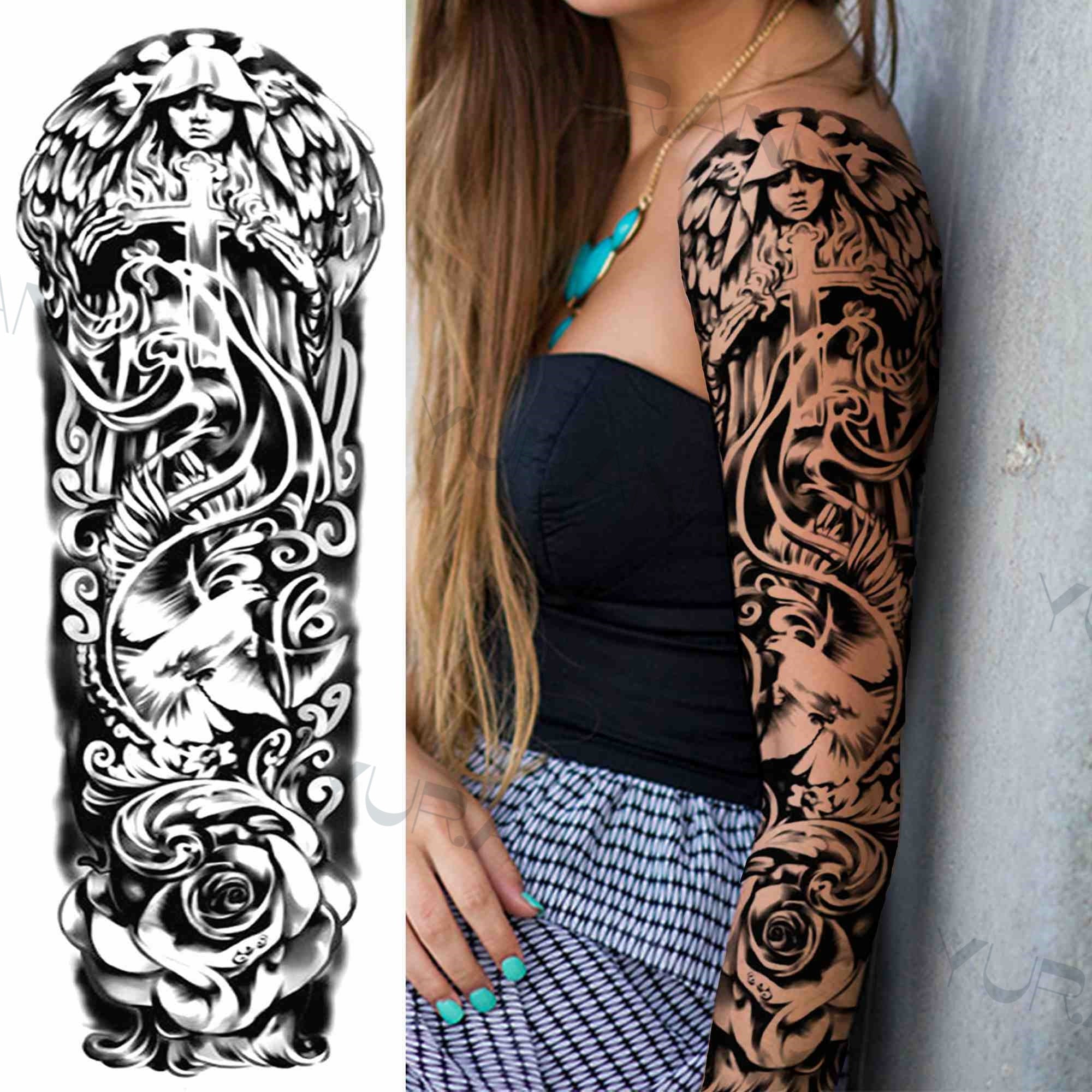 DIY Tribal Totem Full Arm Temporary Tattoo Sleeve For Men Women Adult Maori Skull Tattoos StickerBlack Fake Tatoos Makeup Tools