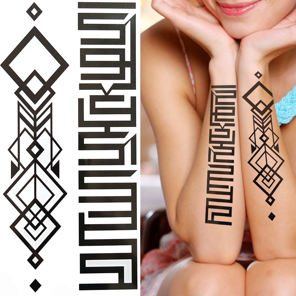 3D Black Flower Temporary Tattoos For Women Rose Peony Lotus Tattoo Sticker Fake Jewelry Chains Geometric Triangle Tatoo Decal