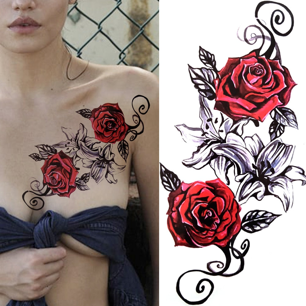 3D Black Flower Temporary Tattoos For Women Rose Peony Lotus Tattoo Sticker Fake Jewelry Chains Geometric Triangle Tatoo Decal