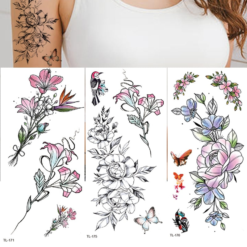 3Pcs Waterproof Temporary Tattoo Sticker Flower Rose Flash Butterfly Lace Lady Body Art Arm Fashion Fake Sleeve Women Tattoos