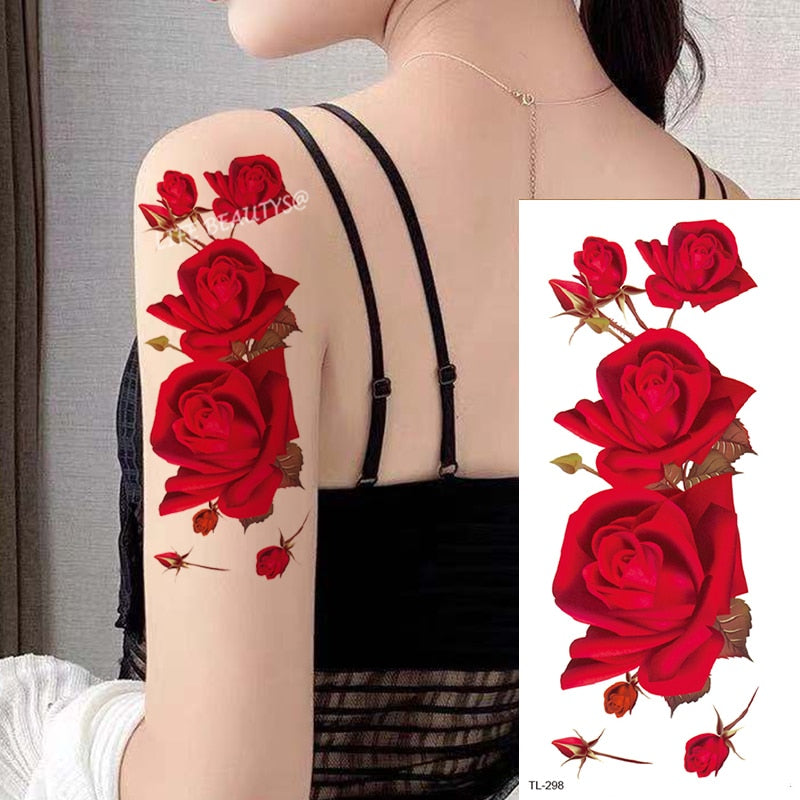 Beauty Flower Diamond Black Rose Waterproof Temporary Tattoo Body Art Arm Sleeve Water Transfer Fake Women Decoration Sticker