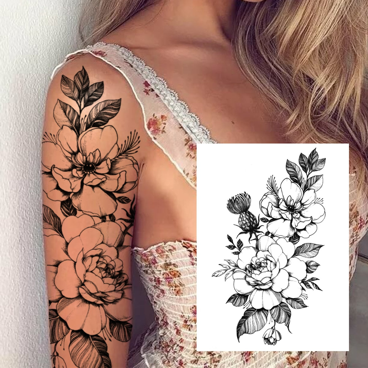 3D Watercolour Flower Temporary Tattoo For Women Girls Fake Peony Rose Tattoo Sticker Butterfly Lace Sweatpea Flora Tatoos Leg