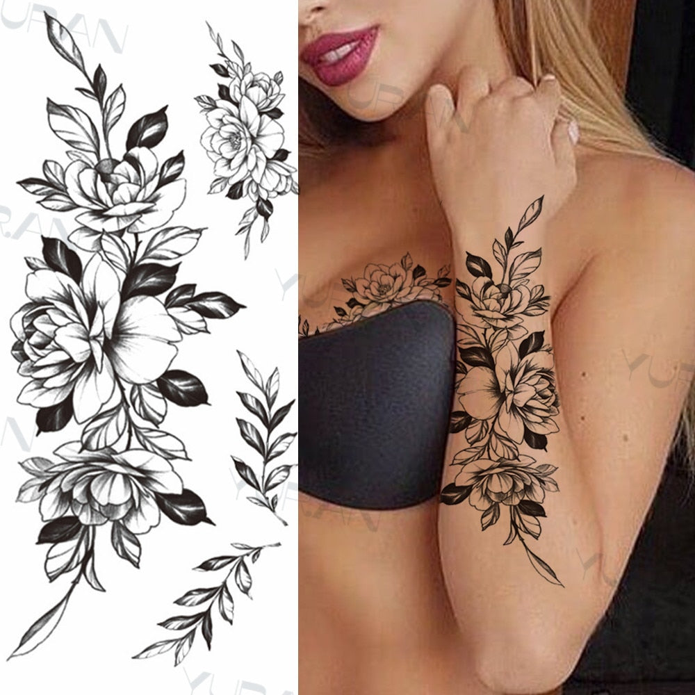 Sexy Black Flower Butterfly Temporary Tattoos For Women Thigh Men Fake Moon Rose Compass Fake Tatoos Forearm Tattoo Stickers