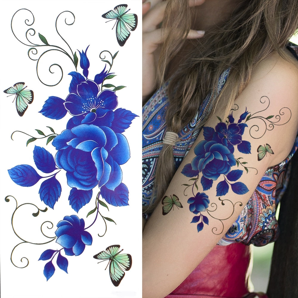 Purple Rose Flower Temporary Tattoos For Women Girl Fake Peony Orchid Carnations Tattoo Sticker 3D Blossom Tatoos Watercolour