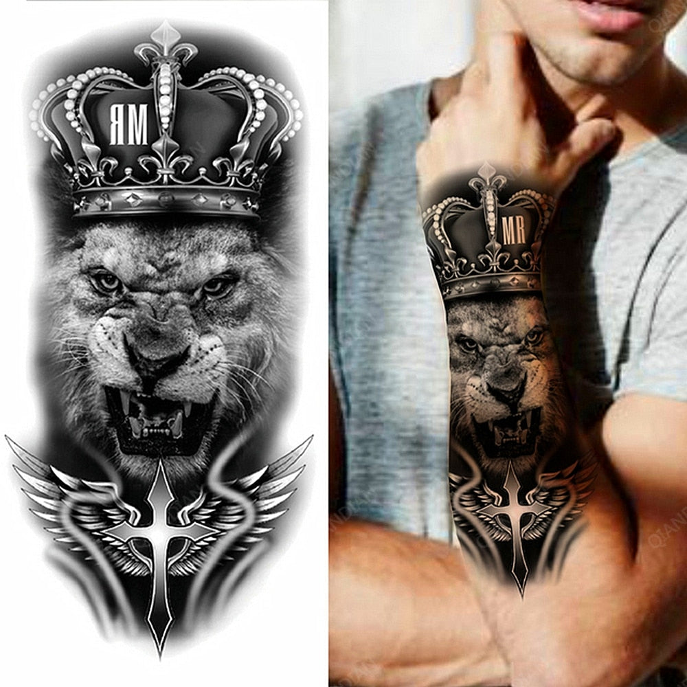 1pc Lion Men Waterproof Temporary Tattoos Fake Stickers Arm Hand Cool Art Black Transfer Clock