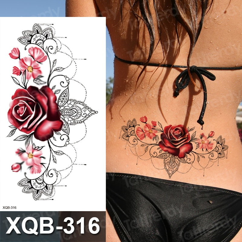 Waterproof Temporary Tattoo Sticker Rose Flower RED Jewelry Flash Tatoo Fake Water Transfer Sexy Belly Body Tatto for Woman Man