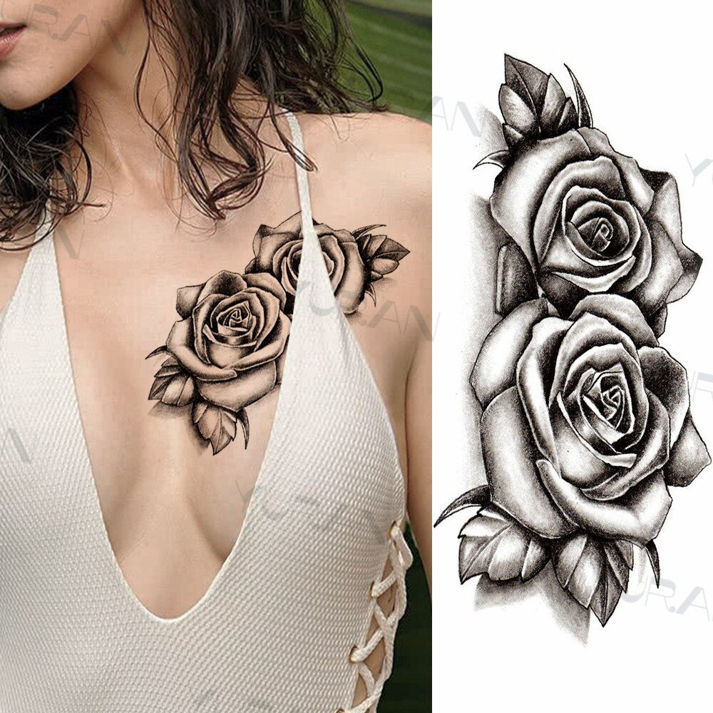 Sexy Black Flower Butterfly Temporary Tattoos For Women Thigh Men Fake Moon Rose Compass Fake Tatoos Forearm Tattoo Stickers