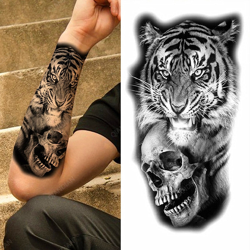 1pc Lion Men Waterproof Temporary Tattoos Fake Stickers Arm Hand Cool Art Black Transfer Clock