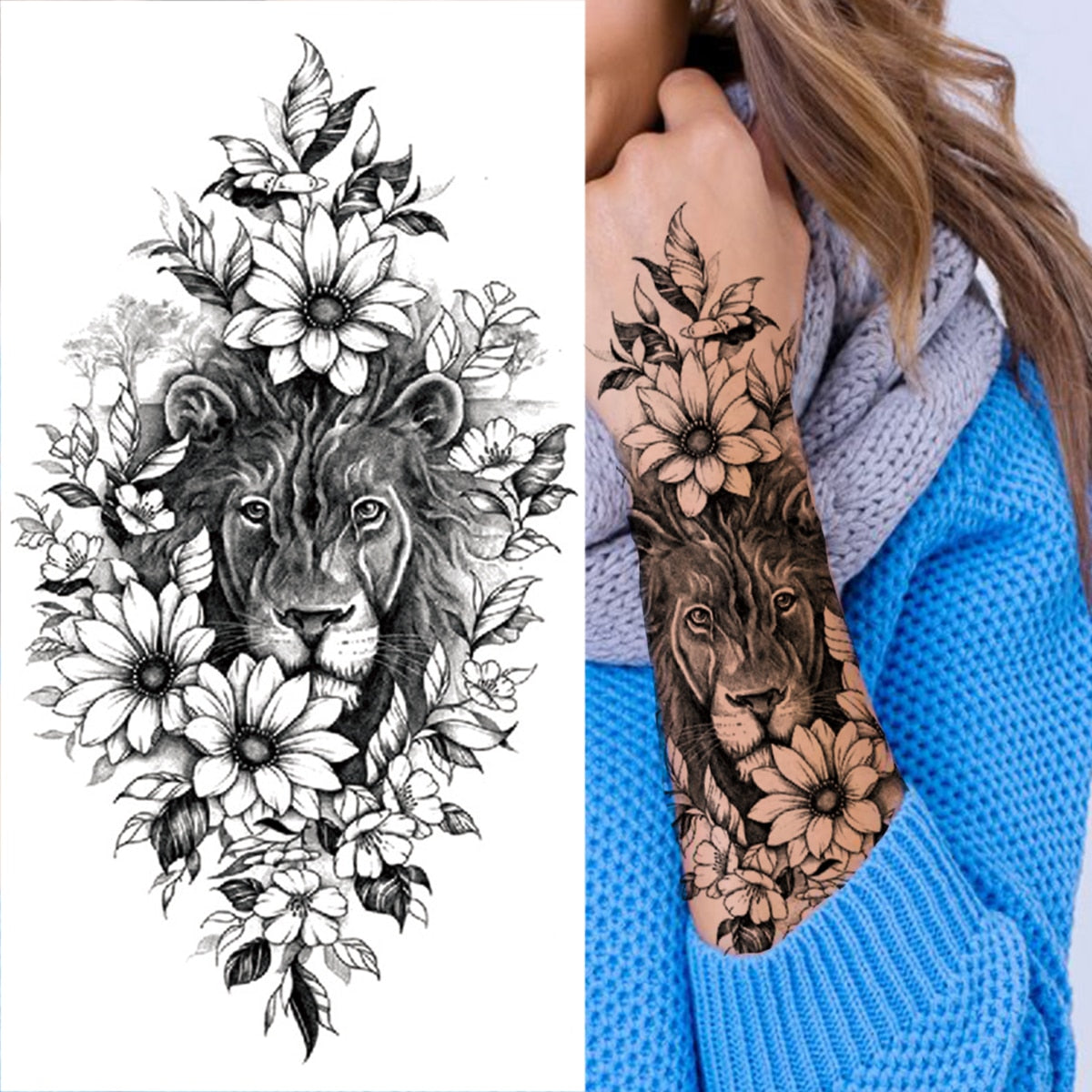 Realistic Daffodil Flower Lion Temporary Tattoos For Women Men Adult Tiger Butterfly Sword Fake Tattoo Sticker Arm Foot Tatoos