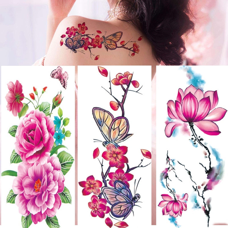 12Pcs Fake Temporary Tattoos Flower Girls Rose Peony Flash Waterproof Body Arm Art Shoulder DIY Women Sleeve Sticker