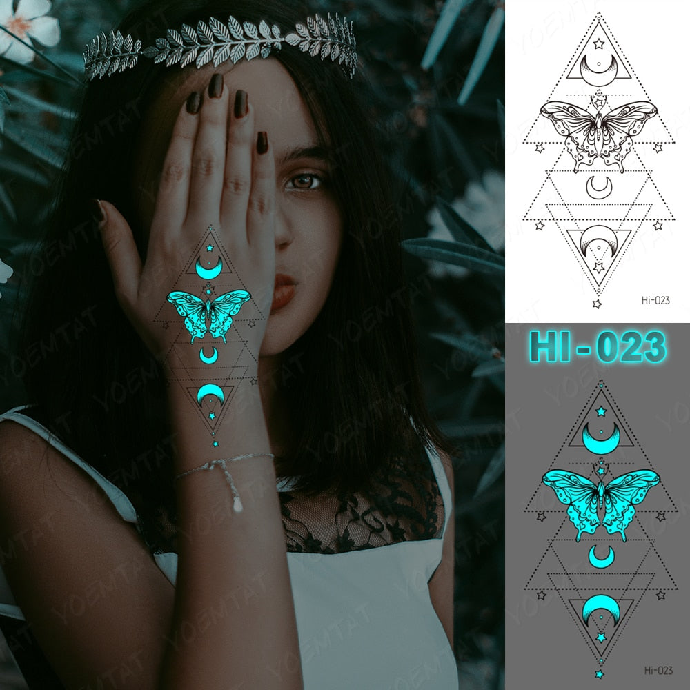 Blue Luminous Glow Tattoo Sticker Cute Geometry Waterproof Temporary Tatoo Small Finger Wrist Fake Tatto For Body Art Women Men