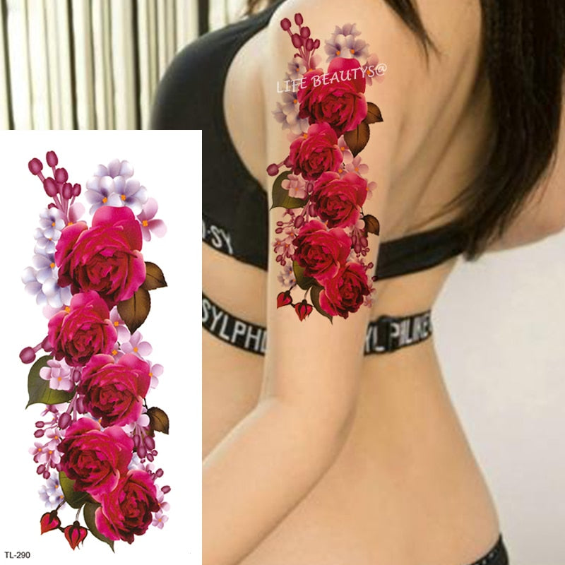 Beauty Flower Diamond Black Rose Waterproof Temporary Tattoo Body Art Arm Sleeve Water Transfer Fake Women Decoration Sticker