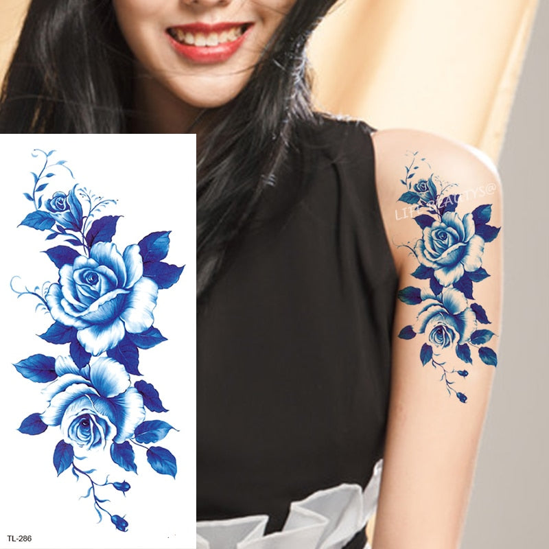 Beauty Flower Diamond Black Rose Waterproof Temporary Tattoo Body Art Arm Sleeve Water Transfer Fake Women Decoration Sticker