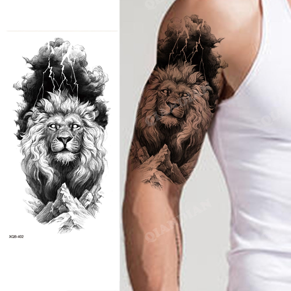 1pc Lion Men Waterproof Temporary Tattoos Fake Stickers Arm Hand Cool Art Black Transfer Clock