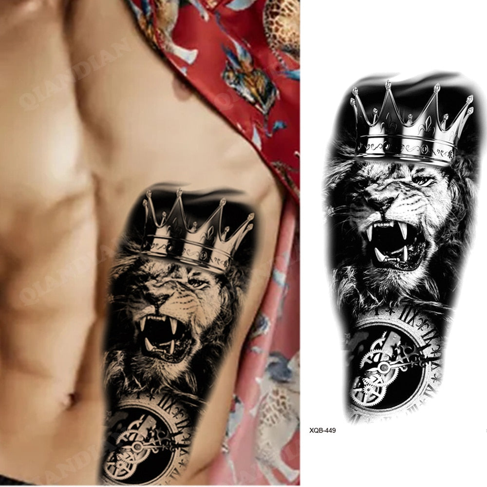 1pc Lion Men Waterproof Temporary Tattoos Fake Stickers Arm Hand Cool Art Black Transfer Clock