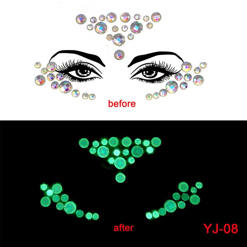 Halloween Face Decoration Tattoo Crystal Diamond Eyebrow Luminous Rhinestone Sticker Masquerade Bar Party Glowing Face Sticker