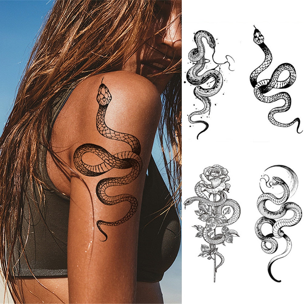 2022 Summer Snake Flower Temporary Tattoos Sticker Waterproof Cool Dark Style Unisex Water Transfer Fake Tattoo Women Accessory