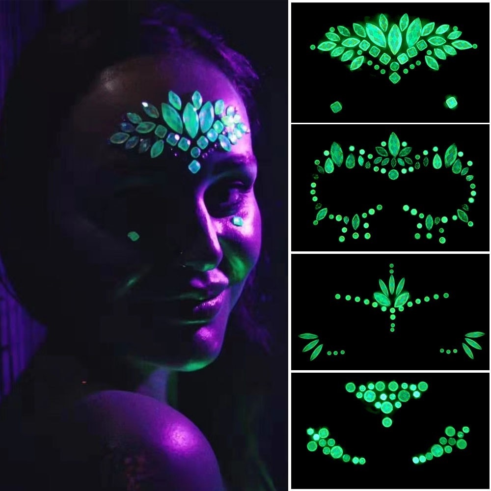 Halloween Face Decoration Tattoo Crystal Diamond Eyebrow Luminous Rhinestone Sticker Masquerade Bar Party Glowing Face Sticker