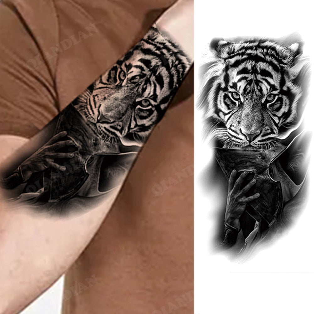 1pc Lion Men Waterproof Temporary Tattoos Fake Stickers Arm Hand Cool Art Black Transfer Clock