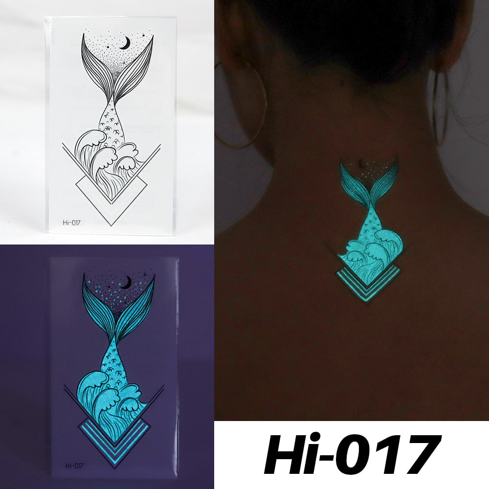 Blue Luminous Tattoo Sticker Luminous Star Feather Waterproof Sexy Temporary Tattoo Body Art Chest Fake Tattoo For Men Women