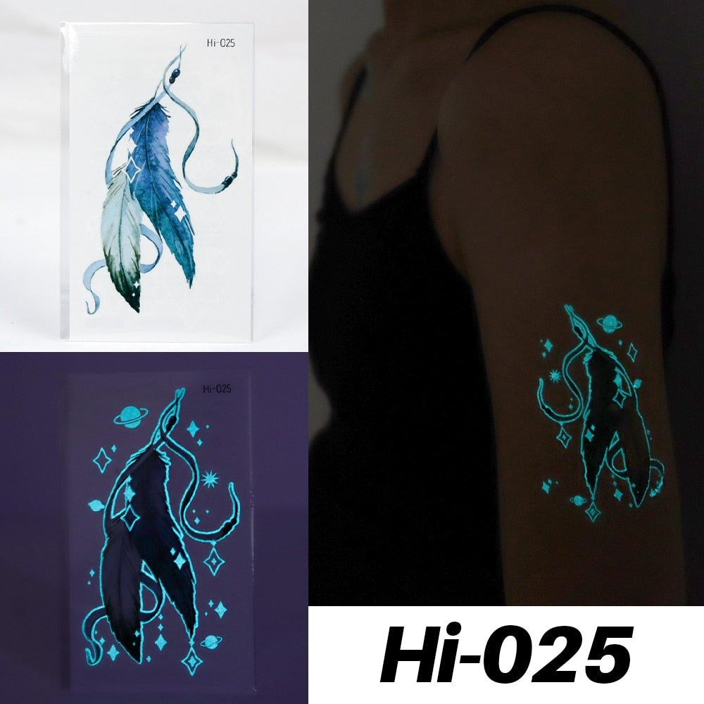 Blue Luminous Tattoo Sticker Luminous Star Feather Waterproof Sexy Temporary Tattoo Body Art Chest Fake Tattoo For Men Women