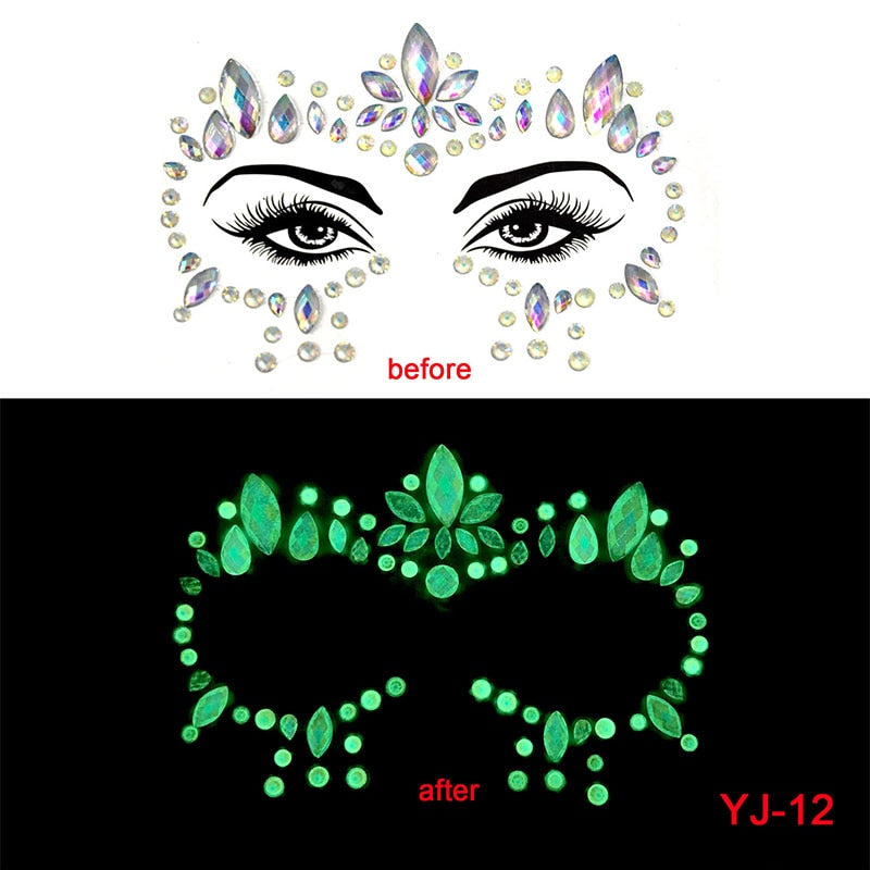 Halloween Face Decoration Tattoo Crystal Diamond Eyebrow Luminous Rhinestone Sticker Masquerade Bar Party Glowing Face Sticker