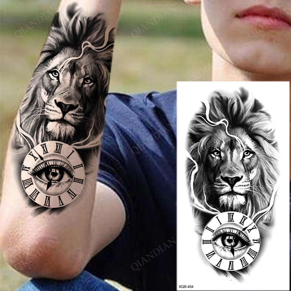 1pc Lion Men Waterproof Temporary Tattoos Fake Stickers Arm Hand Cool Art Black Transfer Clock