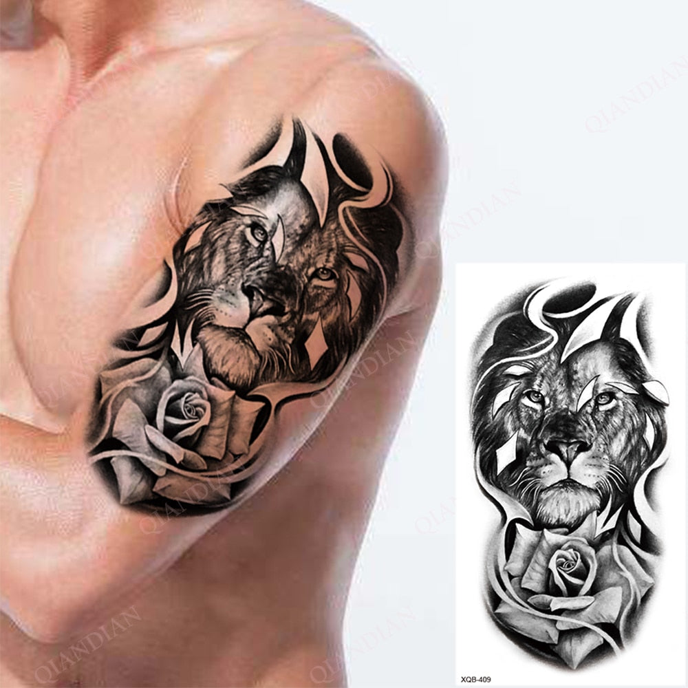 1pc Lion Men Waterproof Temporary Tattoos Fake Stickers Arm Hand Cool Art Black Transfer Clock