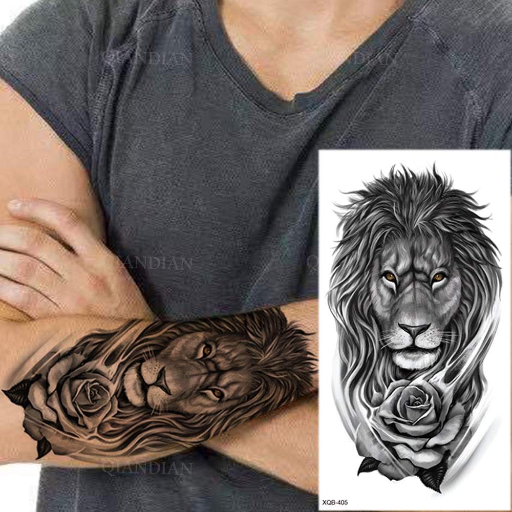 1pc Lion Men Waterproof Temporary Tattoos Fake Stickers Arm Hand Cool Art Black Transfer Clock