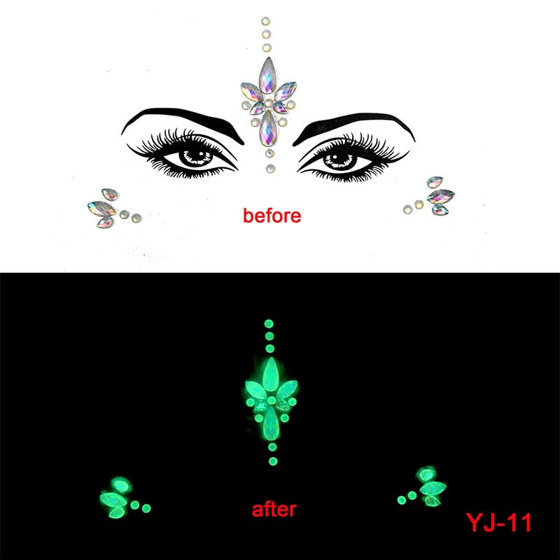 Halloween Face Decoration Tattoo Crystal Diamond Eyebrow Luminous Rhinestone Sticker Masquerade Bar Party Glowing Face Sticker