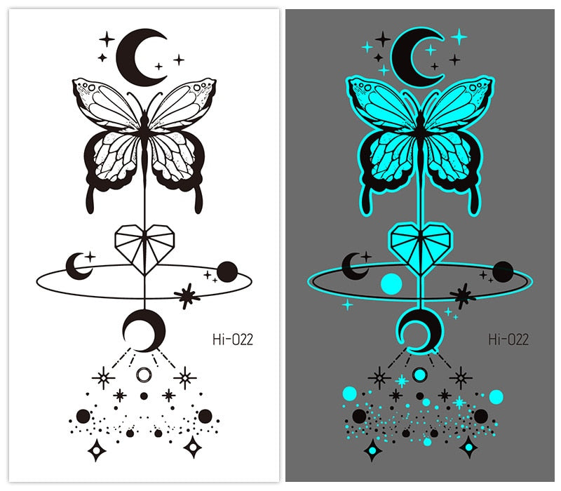 Blue Luminous Tattoo Sticker Women Arm Face Glowing Tattoo Body Art Tattoo Snake Butterfly Electric Syllable Party Tattoo New