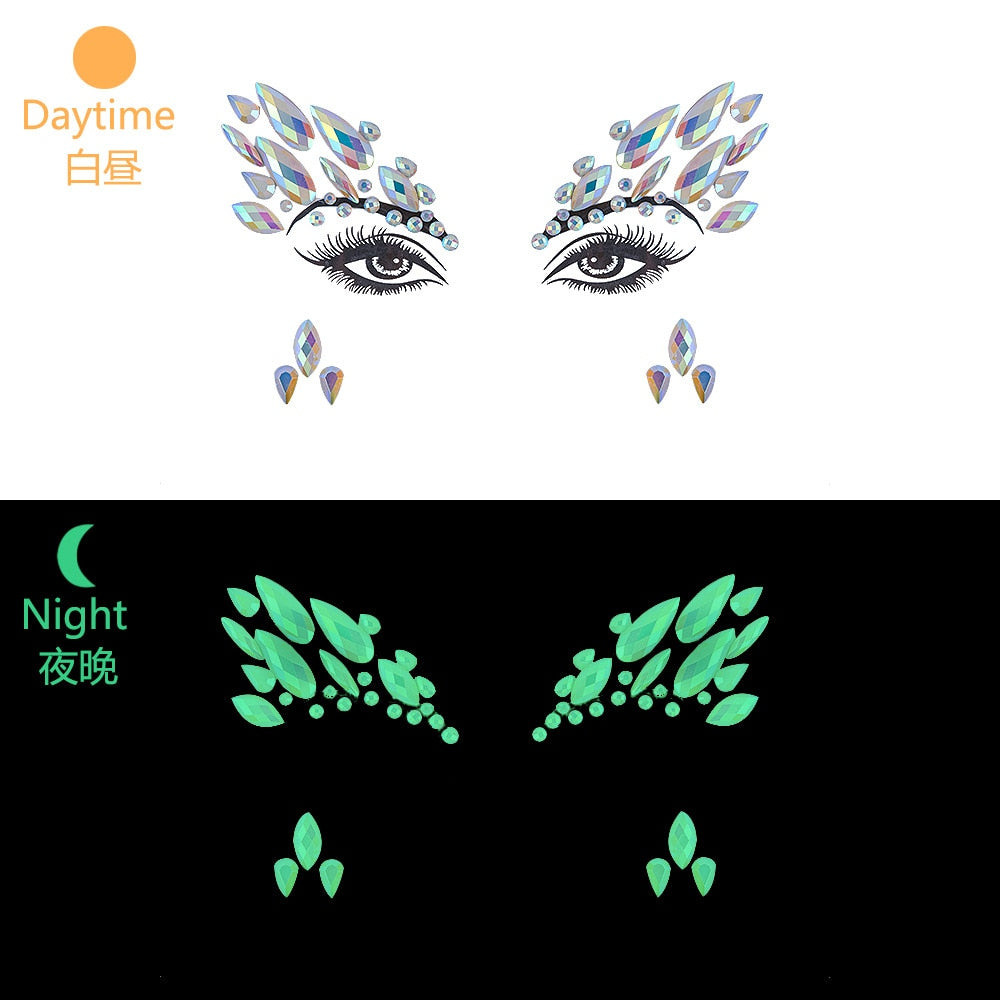 Halloween Face Decoration Tattoo Crystal Diamond Eyebrow Luminous Rhinestone Sticker Masquerade Bar Party Glowing Face Sticker