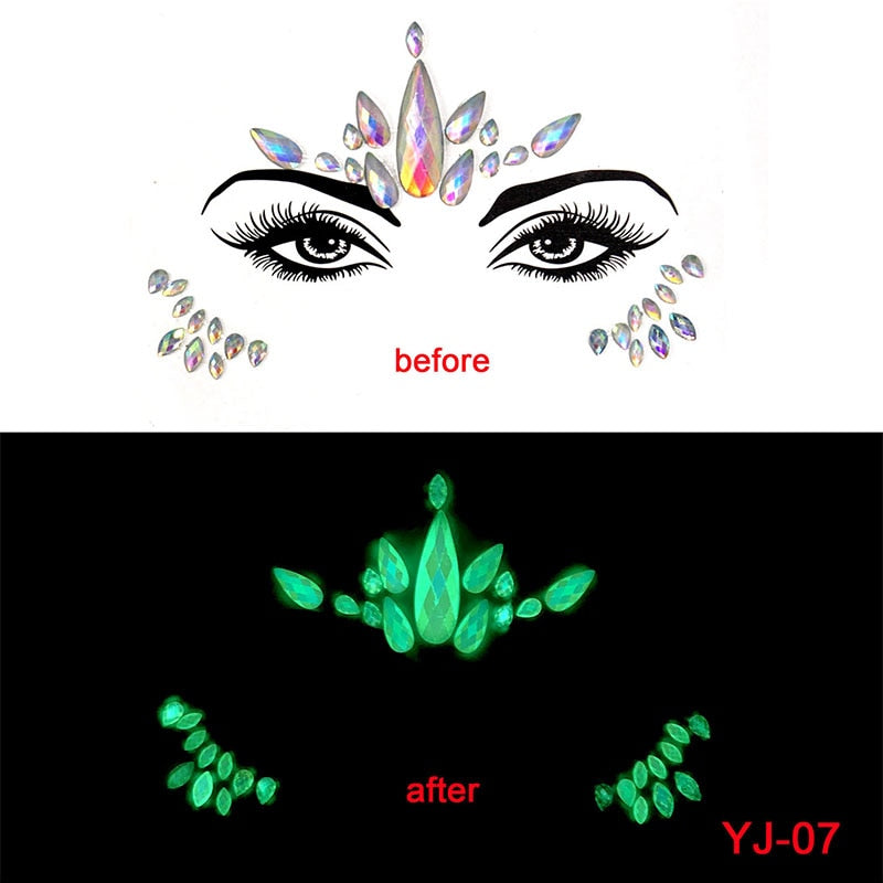 Halloween Face Decoration Tattoo Crystal Diamond Eyebrow Luminous Rhinestone Sticker Masquerade Bar Party Glowing Face Sticker