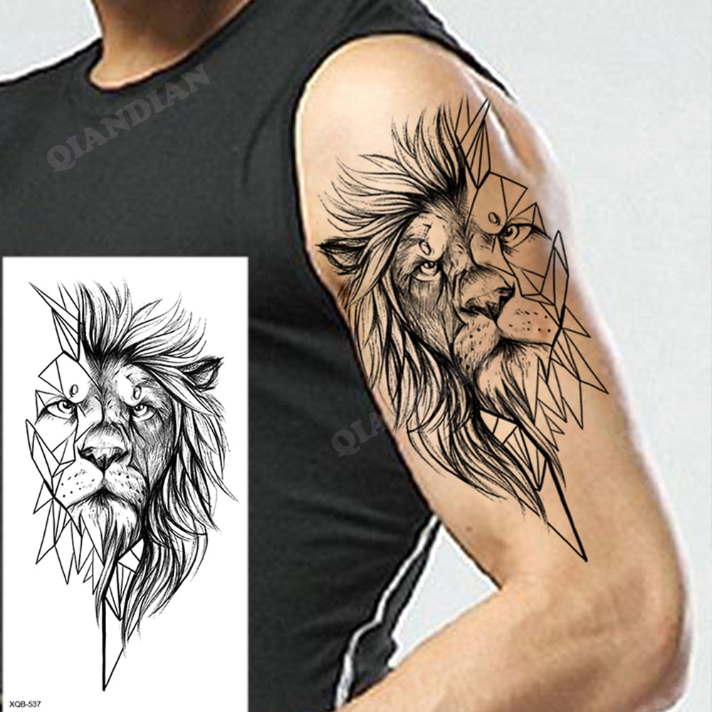 1pc Lion Men Waterproof Temporary Tattoos Fake Stickers Arm Hand Cool Art Black Transfer Clock