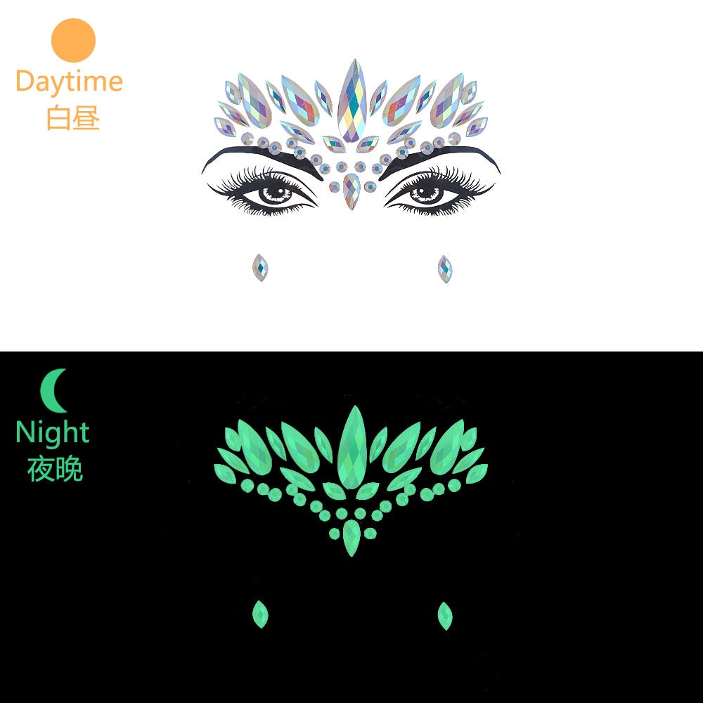 Halloween Face Decoration Tattoo Crystal Diamond Eyebrow Luminous Rhinestone Sticker Masquerade Bar Party Glowing Face Sticker