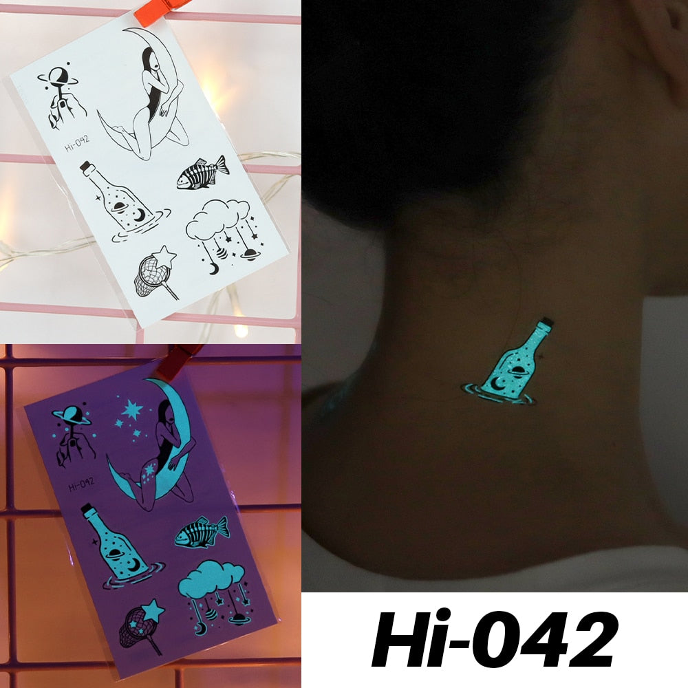 Blue Luminous Tattoo Sticker Luminous Star Feather Waterproof Sexy Temporary Tattoo Body Art Chest Fake Tattoo For Men Women