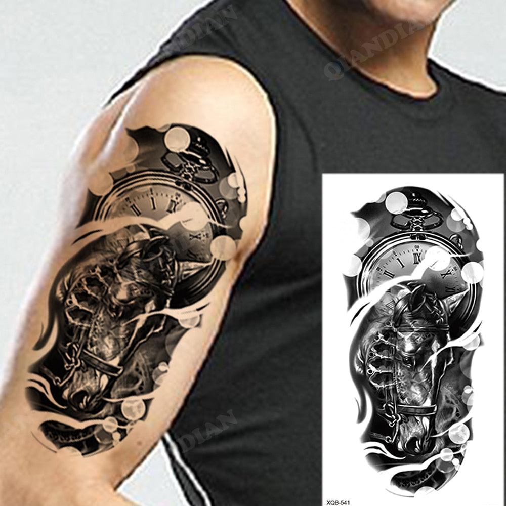 1pc Lion Men Waterproof Temporary Tattoos Fake Stickers Arm Hand Cool Art Black Transfer Clock